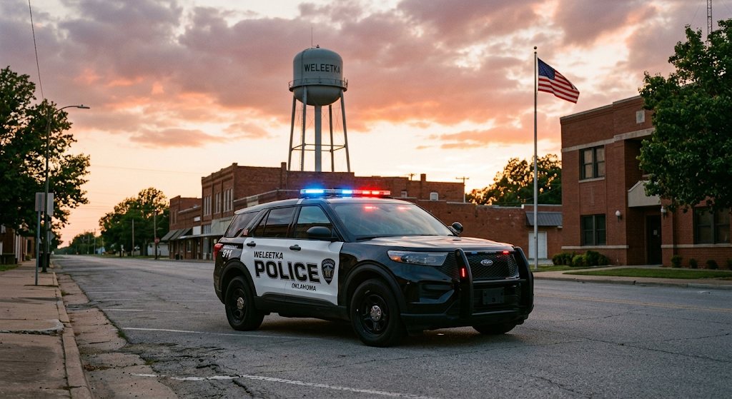 A Weleetka Police vehicle on Main Street at sunset, with the town water tower behind it